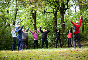Eine Gruppe von Männern und Frauen macht Gymnastik in einem Park.